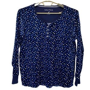 Nautica Top Women's XL Blue Polka Dot Fleece Long Sleeve Stretch 1/4 Button